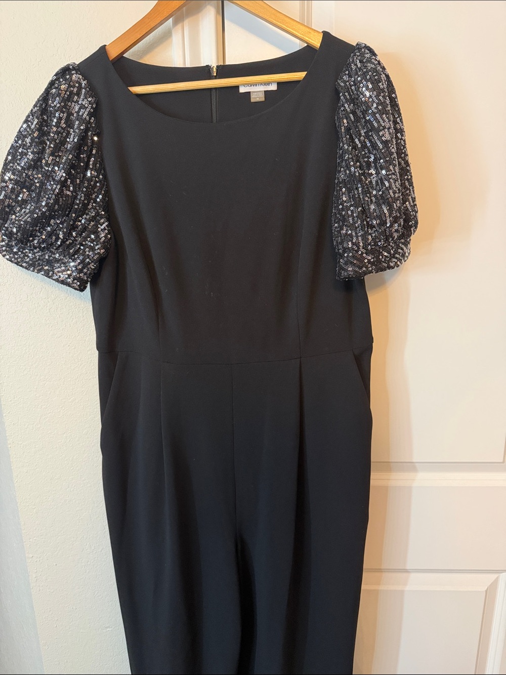Calvin Klein Black Jumpsuit with Sequined Puff Sleeves